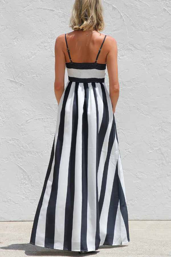 Cardydony Women's Color-blocked Striped Print Square Neck Suspender Casual Pocket Maxi Dress
