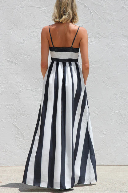 Cardydony Women's Color-blocked Striped Print Square Neck Suspender Casual Pocket Maxi Dress