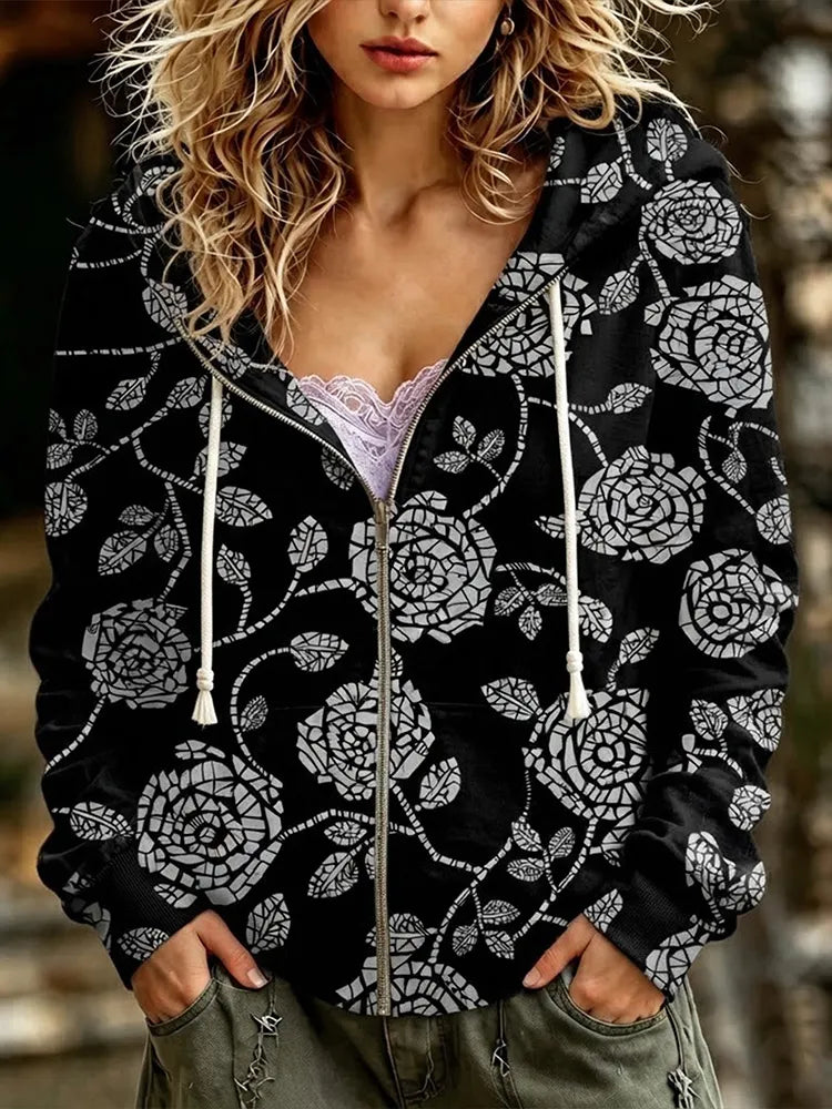 Cardydony Vintage Bohemian Style Black Mosaic Geometric Rose Print Zip-up Hooded Sweatshirt