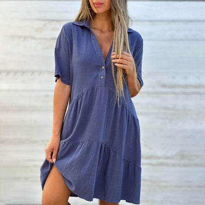 Cardydony Loose Solid Color Lapel Casual Short-sleeved Cotton Linen Dress