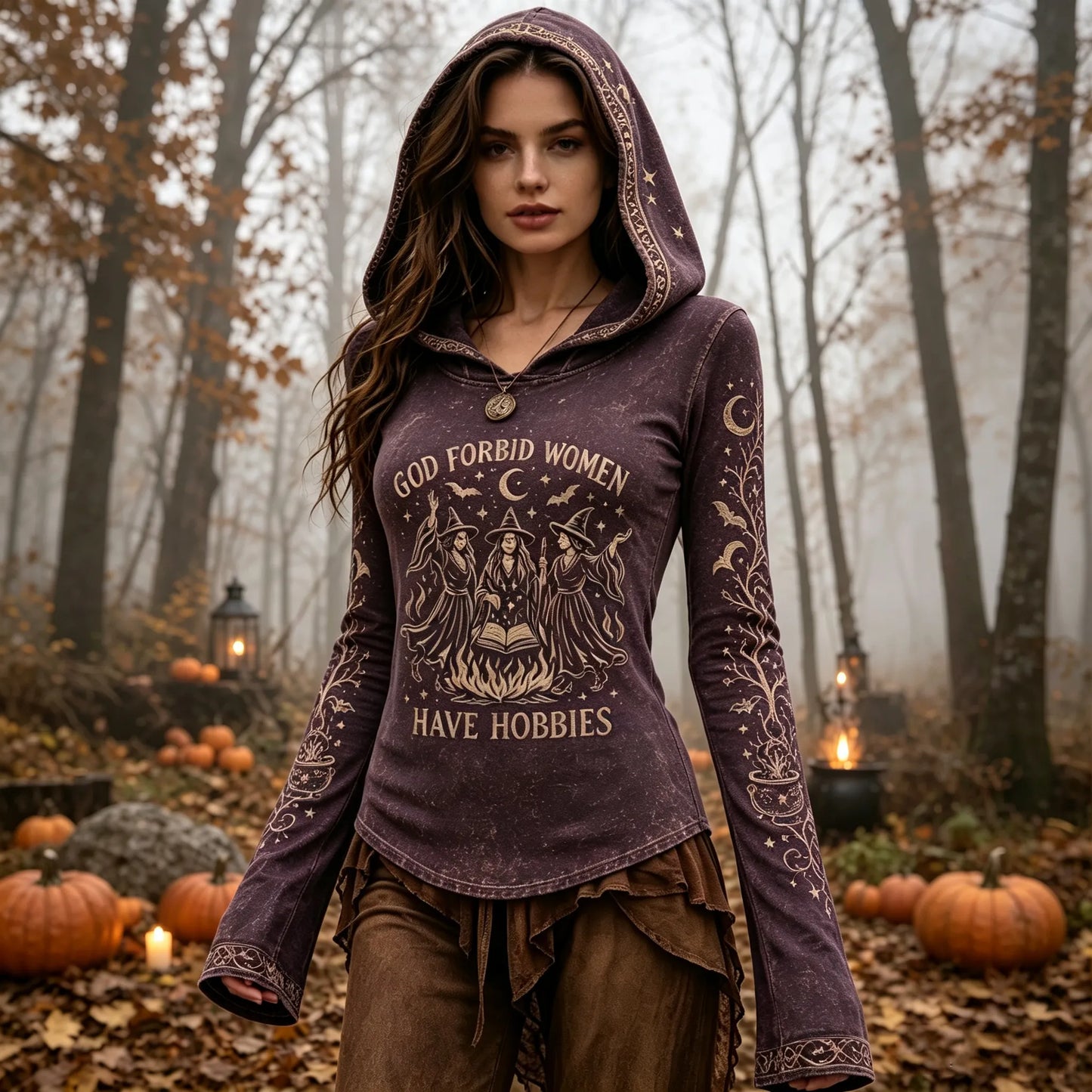 Cardydony Women's Retro Halloween Letter Sun Moon Plant Bat Print Hoodie