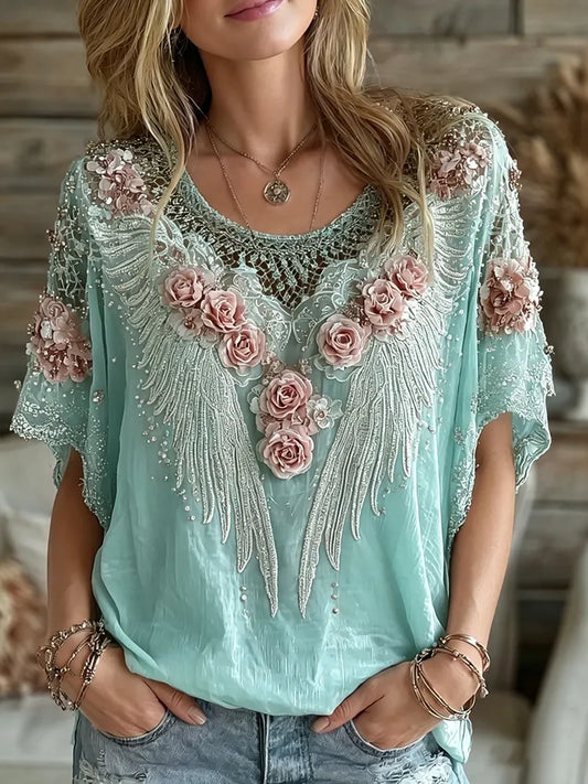 Cardydony Women's Vintage Pink Floral Wing Art Linen Blend Tops