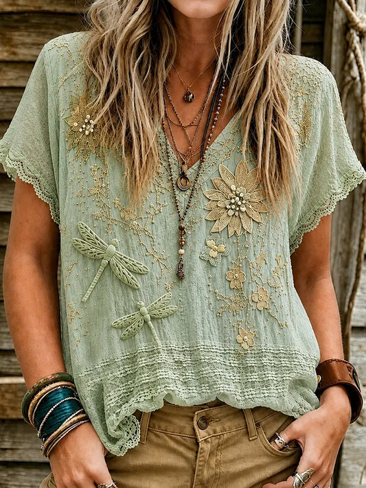 Cardydony Women's Bohemian Floral With Dragonfly Embroidered Casual Short Sleeve T-shirt