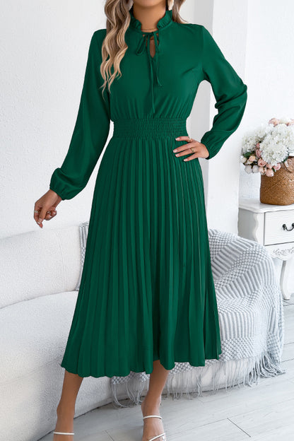 Cardydony Women's Solid Color Long-sleeved Fitted Waist Pleated Elegant Midi Dress