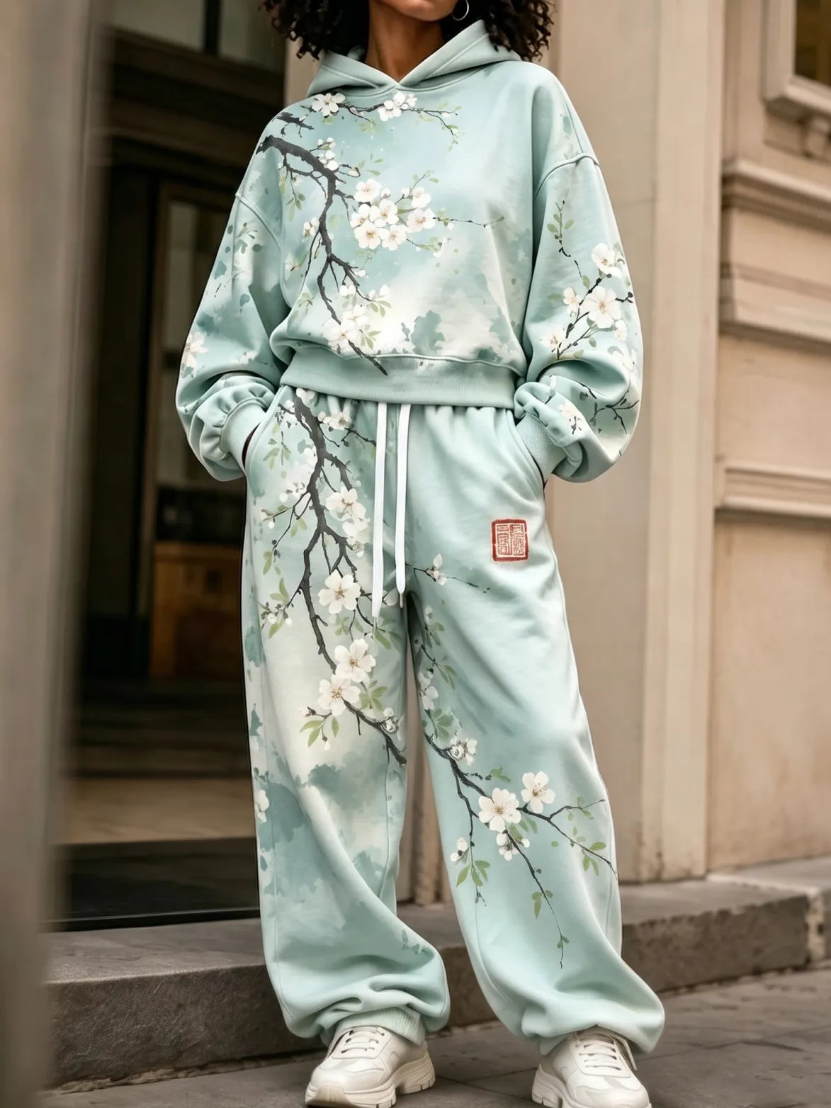 Cardydony Women's Japanese Floral Art Print Hoodie Two Piece Set