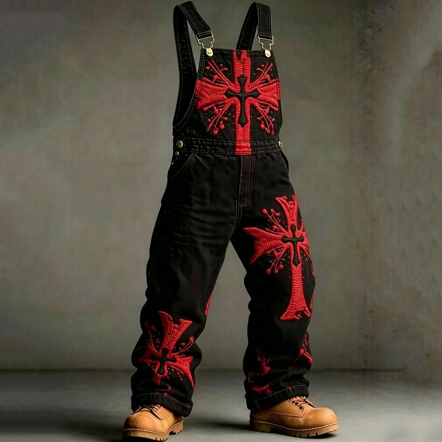 Cardydony Men's Retro Viking Style Cross Embroidered Summer Cotton Linen Casual Overalls