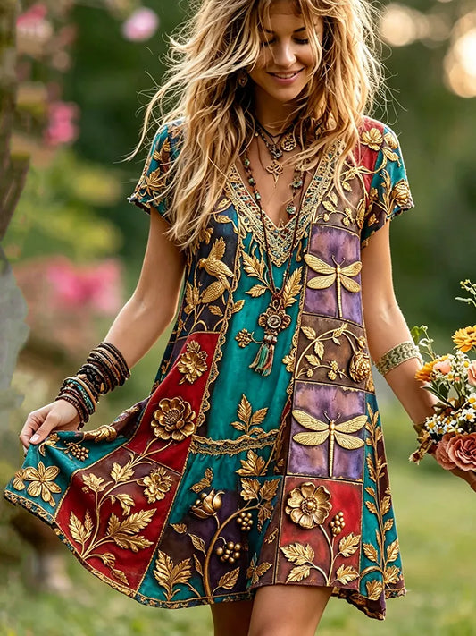 Cardydony Women's Retro Bohemian Dragonfly And Floral Pattern Casual Dress