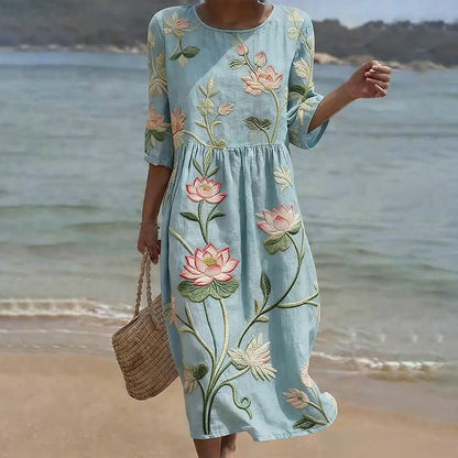 Cardydony Vintage Lotus Art Pattern Linen Blend Loose Three-quarter Sleeve Dress