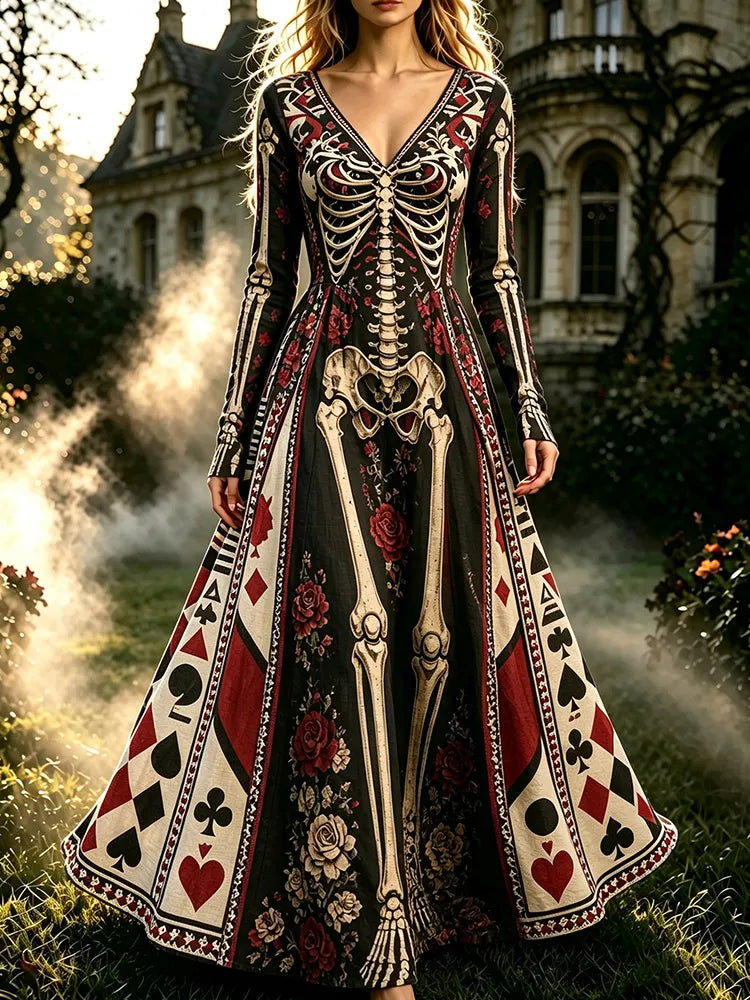 Cardydony Women's Retro Halloween Gothic Skeleton Floral Poker Pattern Print V-neck Maxi Dress