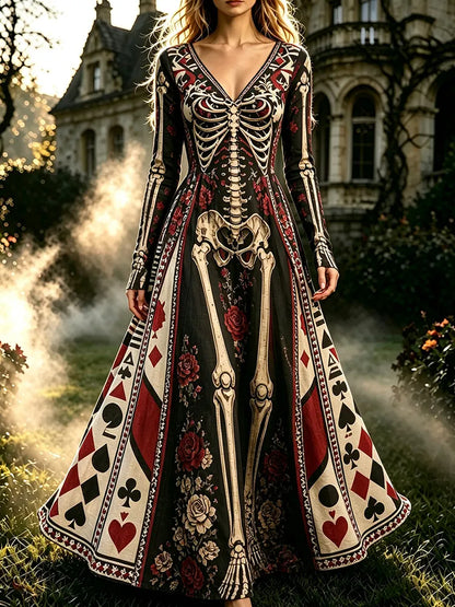 Cardydony Women's Retro Halloween Gothic Skeleton Floral Poker Pattern Print V-neck Maxi Dress