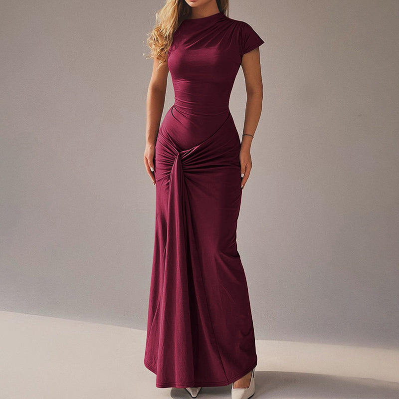Cardydony Women's Fashionable And Elegant Slim-fit Pleated Tie-waist Short-sleeved Dress