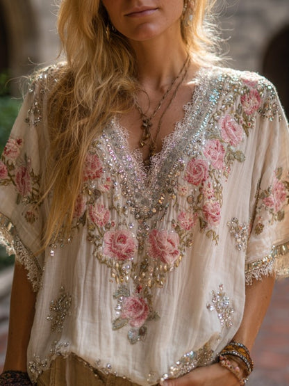 Cardydony Women's Retro Bohemian Style Rose Floral Print Embroidered Sequin Short-sleeve Top 1