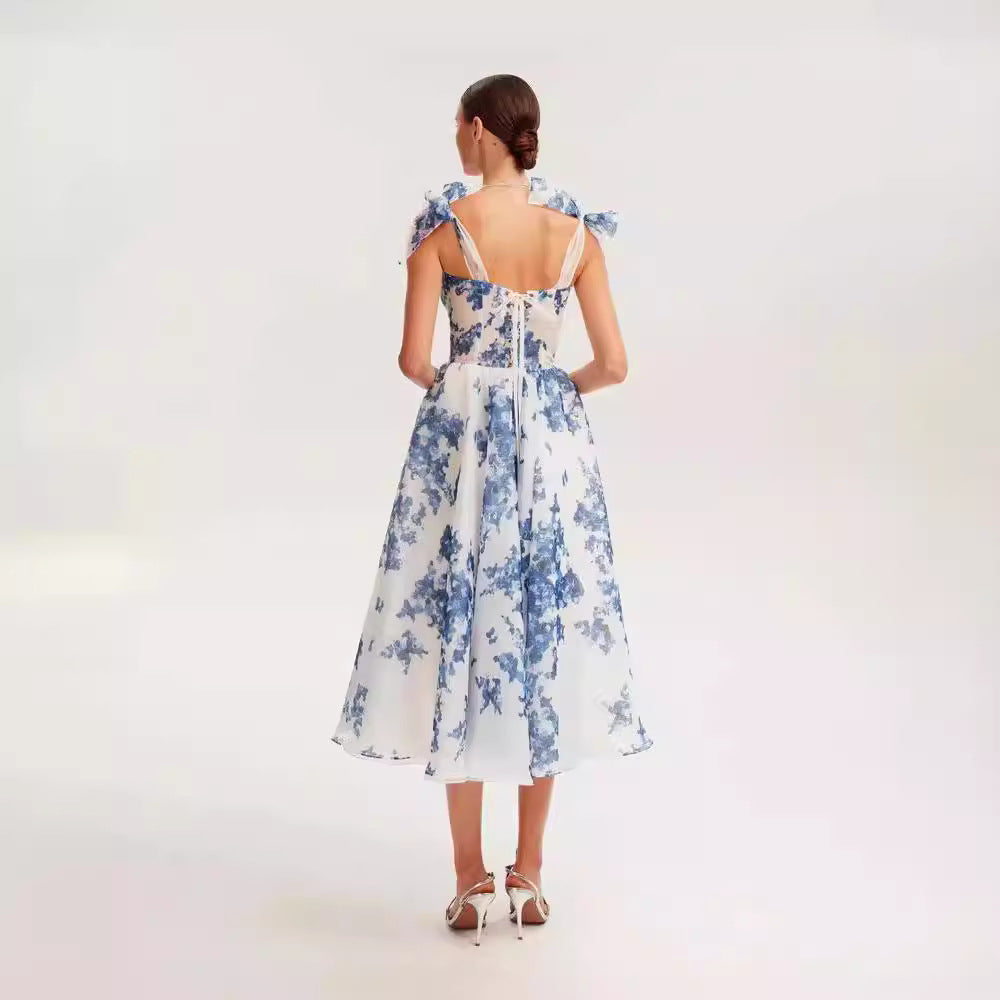 Cardydony Women's Chic Floral Organza Midi Dress with Delicate Bow Straps