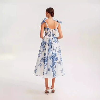 Cardydony Women's Chic Floral Organza Midi Dress with Delicate Bow Straps