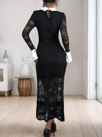 Cardydony Women's Lace Bodycon Midi Dress | Long Sleeve Collared Dress