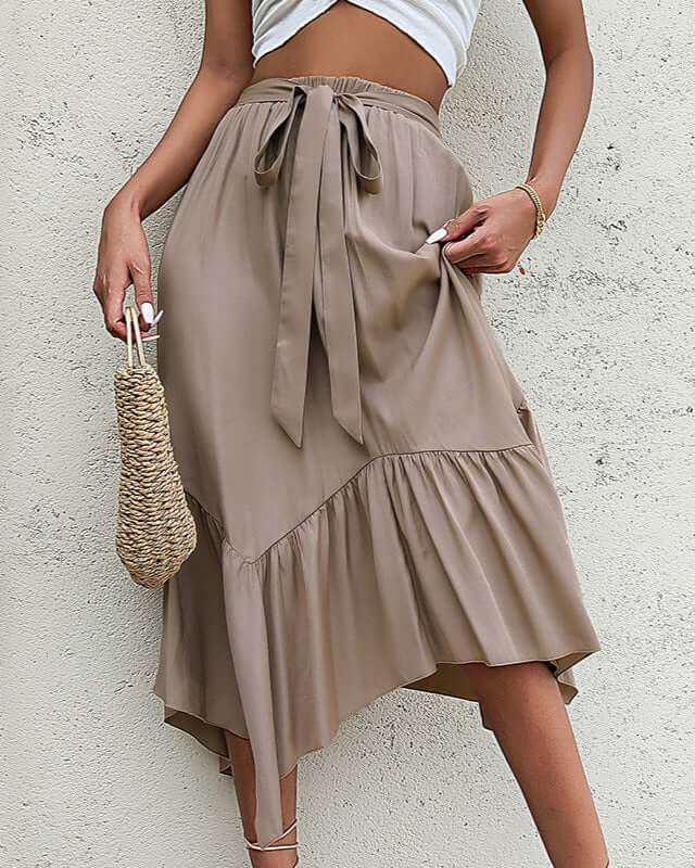 Cardydony Women's Ruffled High Waist Midi Skirt | Asymmetrical Hem Flowy Skirt