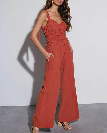 Cardydony Women's Smocked Wide Leg Jumpsuit | Sleeveless V-Neck Romper
