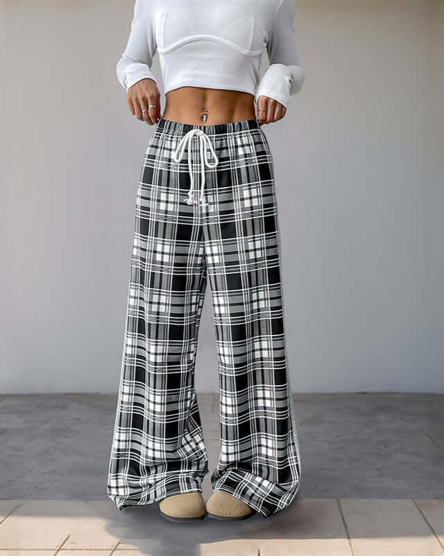 Cardydony Women's Plaid Wide-Leg Lounge Pants | Drawstring High-Waist