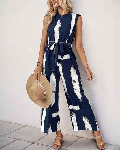Cardydony Women's Brushstroke Print Belted Jumpsuit | Sleeveless Wide-Leg One-Piece