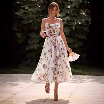 Cardydony Women's Romantic Floral Organza Midi Dress with Delicate Spaghetti Straps