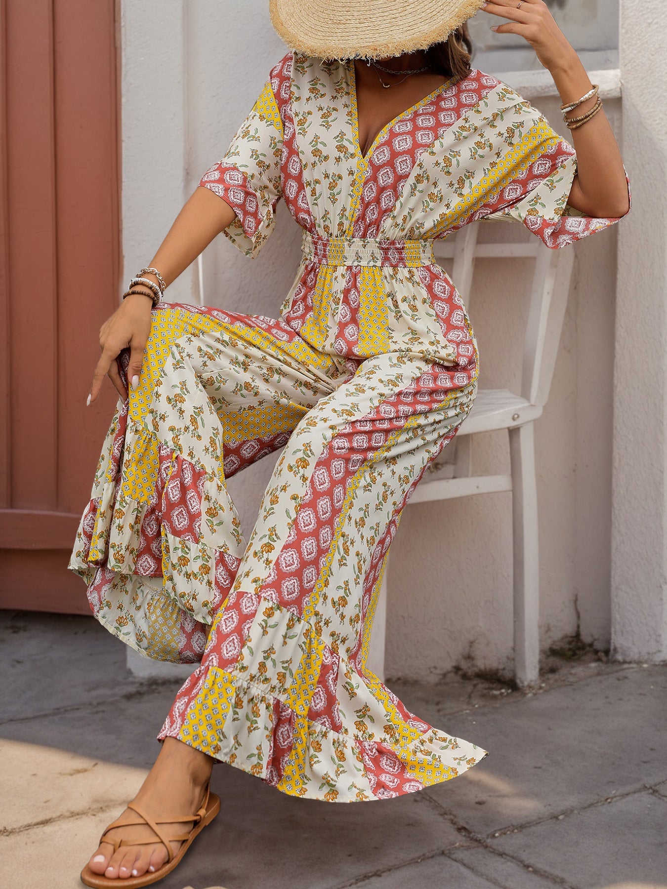 Cardydony Women's Boho Wide-Leg Jumpsuit | V-Neck Flowy One-Piece