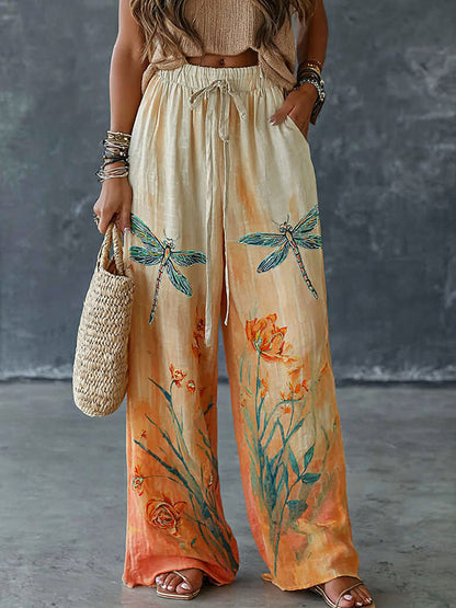 Cardydony Women's Dragonfly And Floral Pattern Art Print Flowy Linen Blend Casual Pants