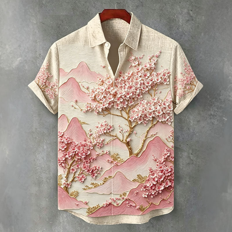 Cardydony Men's Floral Cloud Pattern Cotton Linen Short-sleeved Shirt