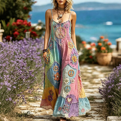 Cardydony Women's Hippie Floral Peace Symbol Embroidered Patchwork Sleeveless Dress