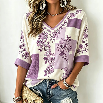 Cardydony Women's Retro Floral Color Block Print Linen Blend Casual V-neck Three-quarter Sleeve T-shirt
