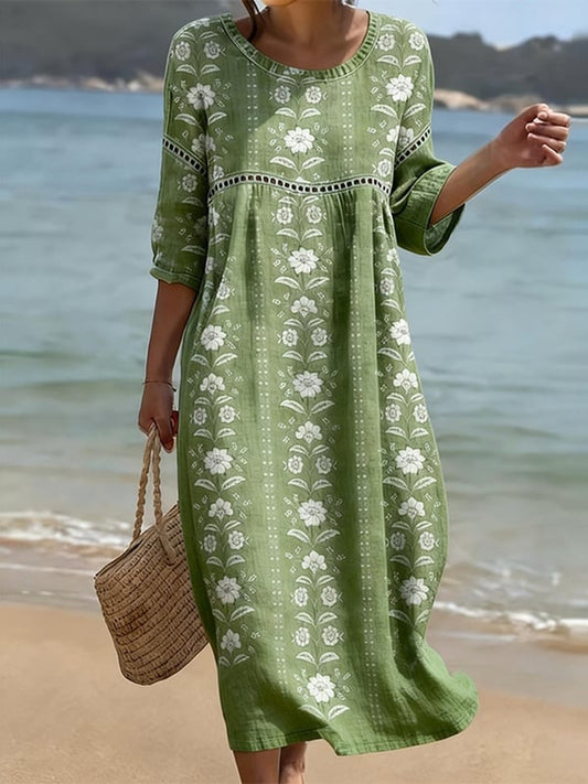 Cardydony Women's Floral Art Print Linen Blend Casual Dress