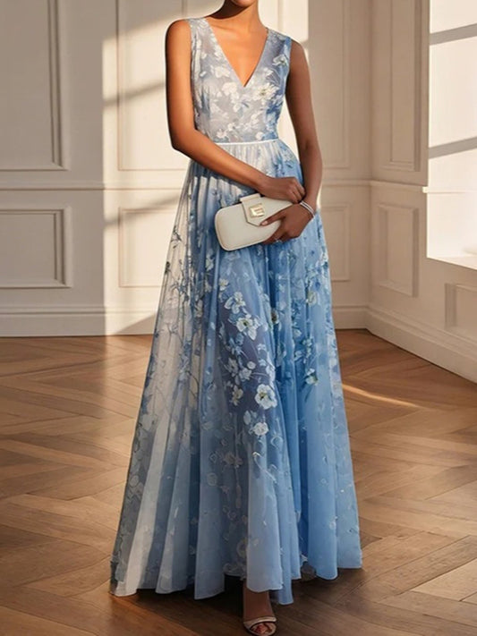 Cardydony Elegant Chiffon Floral Print Sleeveless Dress