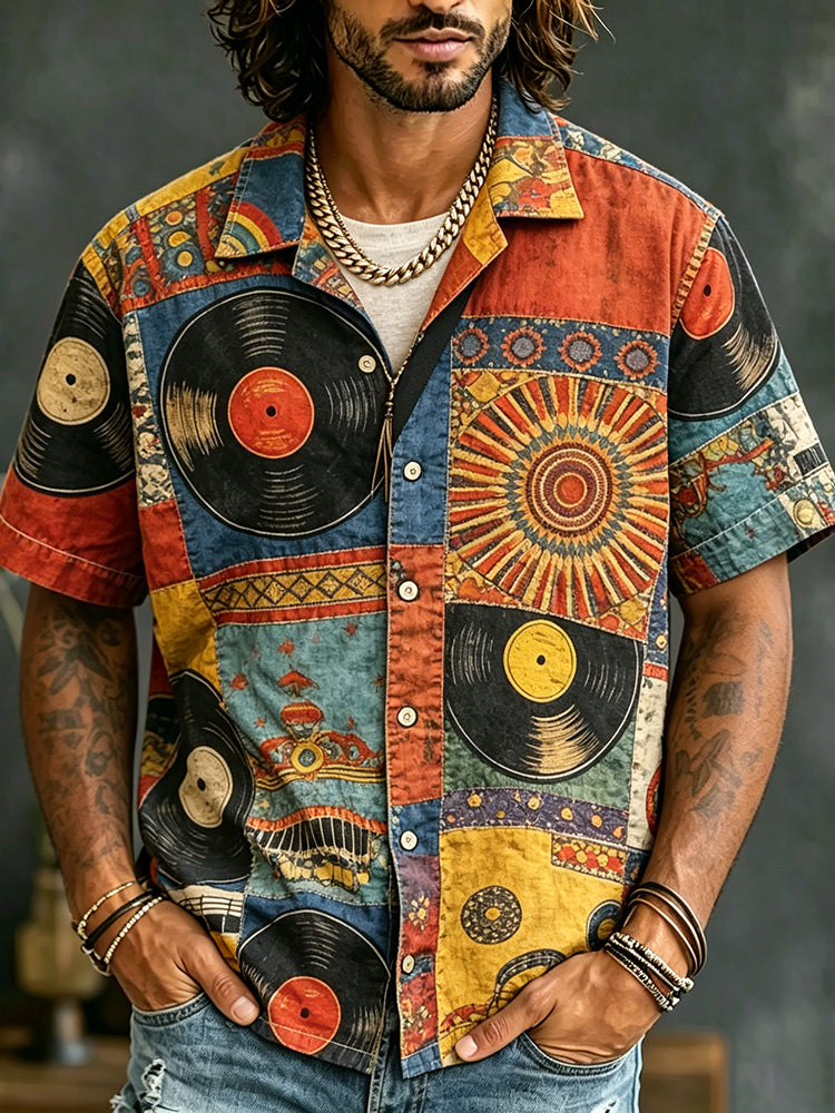 Cardydony Men's Hippie Music Ethnic Print Short-sleeve Shirt