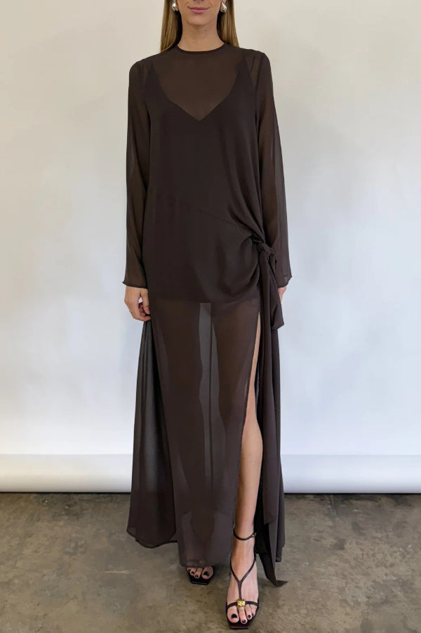 Cardydony Women's  Fashionable Mesh See-through Round Neck Long Sleeve Tie Bow Slit Maxi Dress