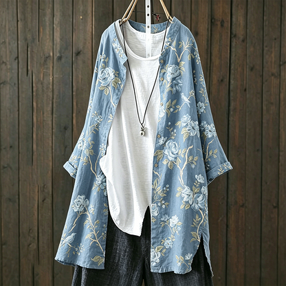 Cardydony Floral Pattern Design Women's Casual Linen Long Shirt 1