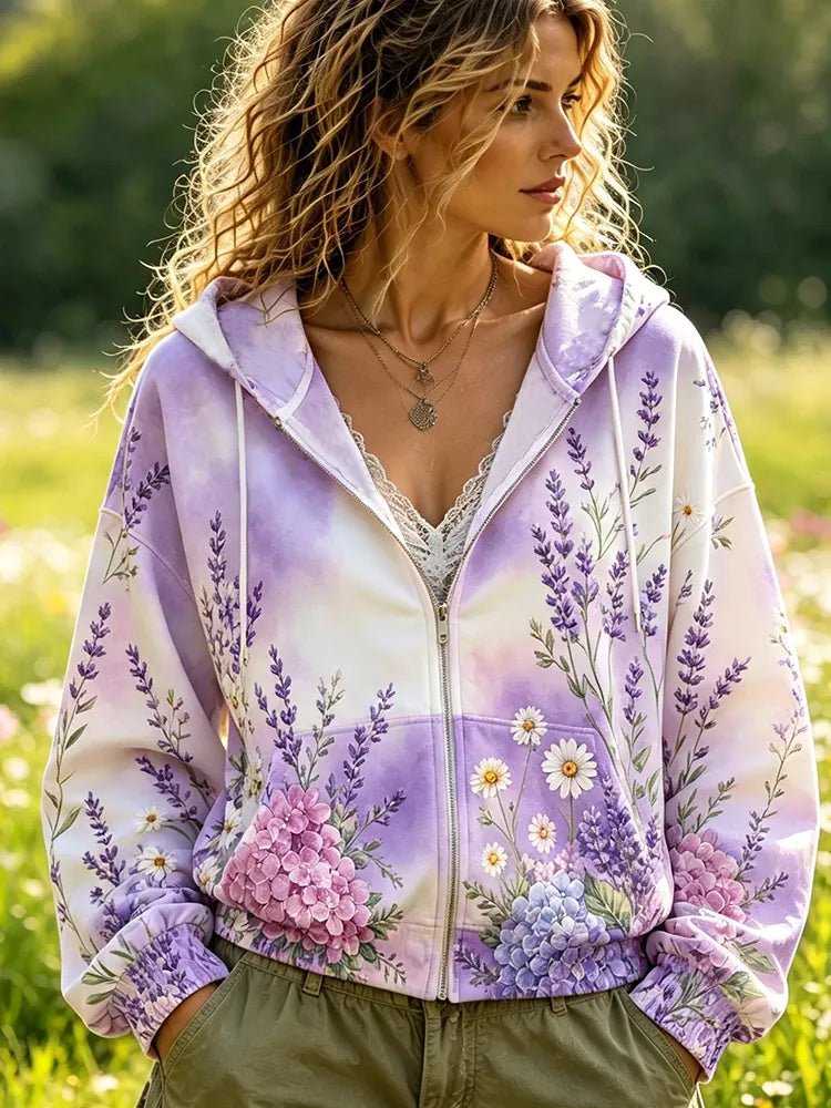 Cardydony Women's Lavender & Hydrangea Floral Zip-up Hoodie - Tie-dye Effect Drawstring Hooded Jacket