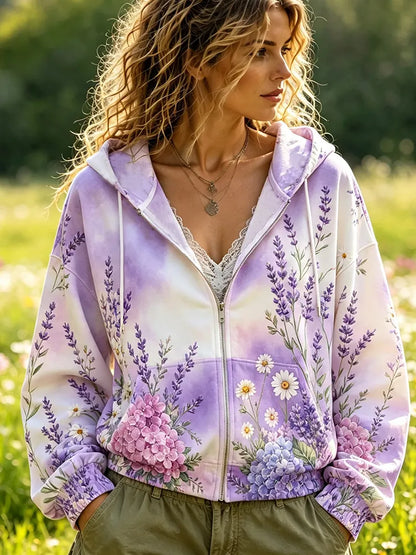 Cardydony Women's Lavender & Hydrangea Floral Zip-up Hoodie - Tie-dye Effect Drawstring Hooded Jacket