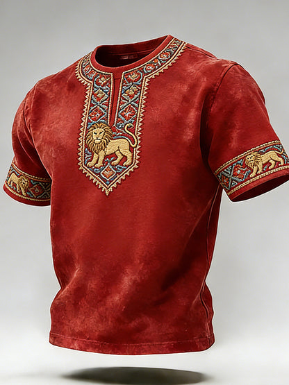 Cardydony Vintage Iranian Traditional Pattern Embroidered Crew Neck Short Sleeve