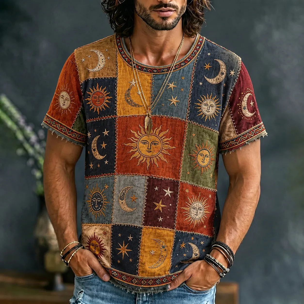 Cardydony Men's Hippie Sun Moon Geometric Patchwork Print Short Sleeve T-shirt