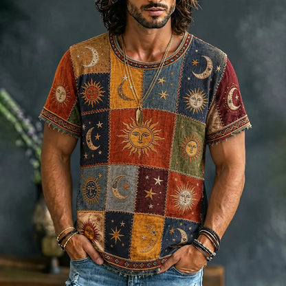 Cardydony Men's Hippie Sun Moon Geometric Patchwork Print Short Sleeve T-shirt