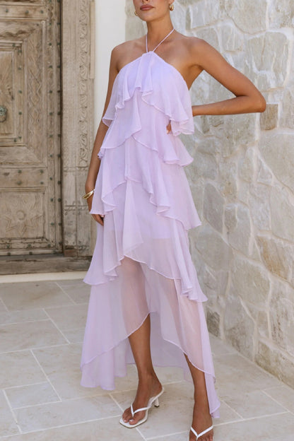 Cardydony Women's Solid Color Chiffon Halter Neck Elegant Ruffle Maxi Dress