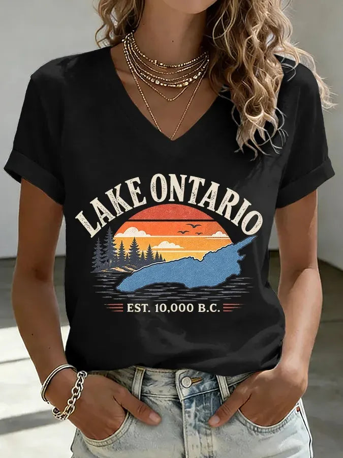 Cardydony Women's V-neck Retro Lake Ontario Est. 10,000 B.c. Print T-shirt
