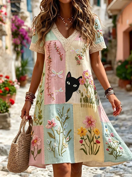 Cardydony Women's Hippie Black Cat Art Embroidered Linen Blend V Neck Mini Dress