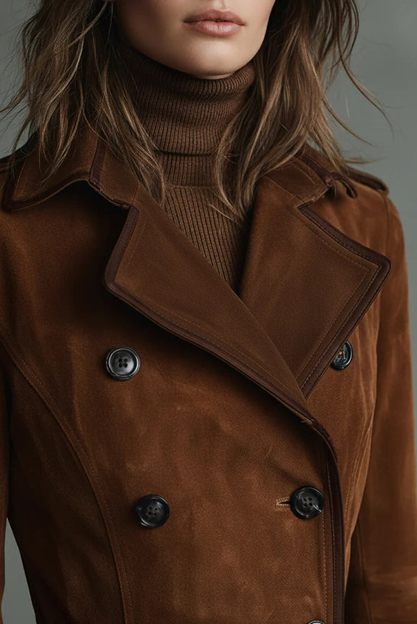 Cardydony Women's Stylish Suede Lapel Button Casual Pocket Long Trench Coat