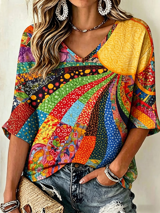 Cardydony Women's Vintage Floral In Gradient Art Print Flowy Linen Blend Three-quarter Sleeve V Neck Linen Tops