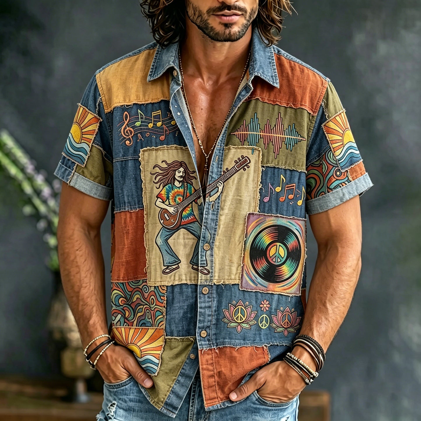 Cardydony Men's Hippie Music Patchwork Denim Art Print Casual Shirt