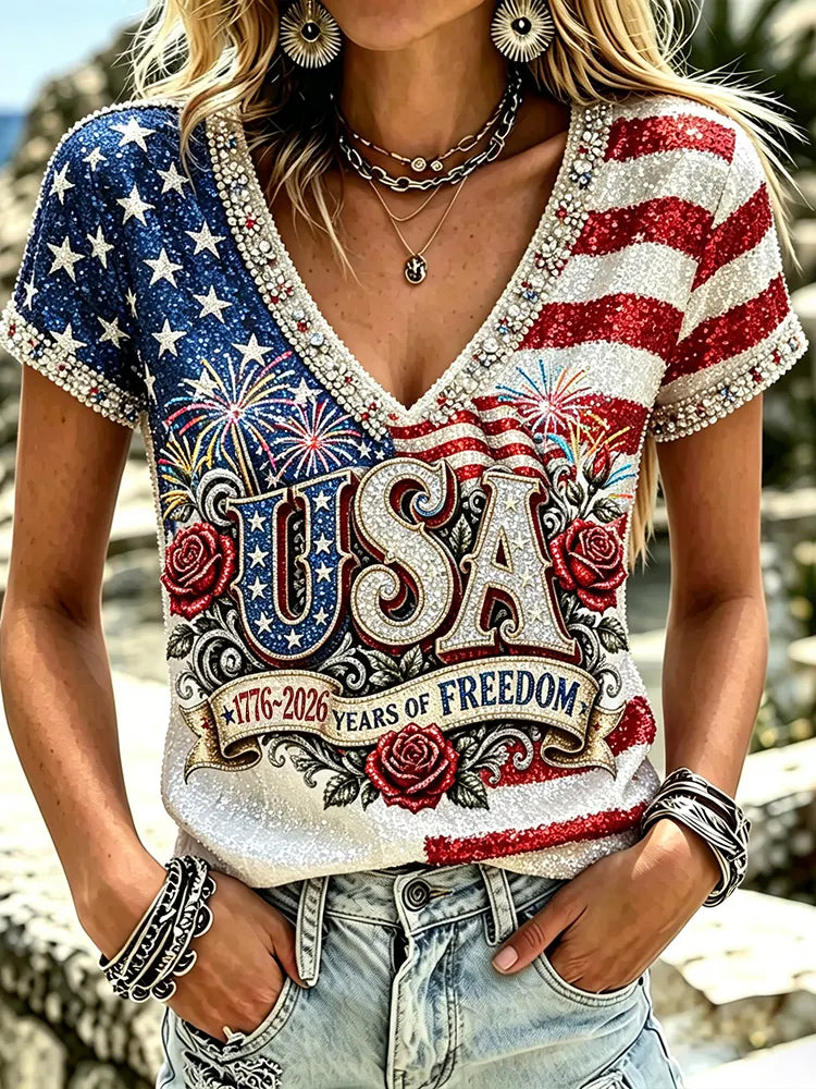 Cardydony Women's Vintage Independence Day Anniversary Art Print Short Sleeve Top