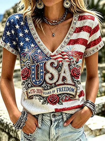 Cardydony Women's Vintage Independence Day Anniversary Art Print Short Sleeve Top
