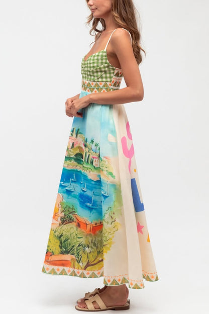 Cardydony Women's Unique Printed Spaghetti Strap Pleated Casual Maxi Dress