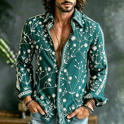 Cardydony Men's Spring Summer Floral Embroidered Art Print Flowy Linen Blend Shirt