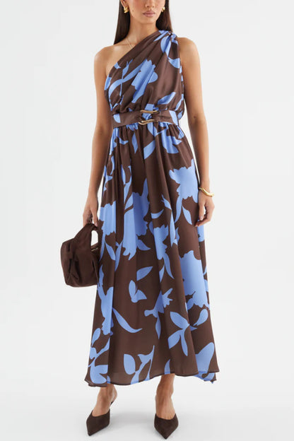 Cardydony Women's Unique Printed One-Shoulder Belt Casual Holiday Maxi Dress